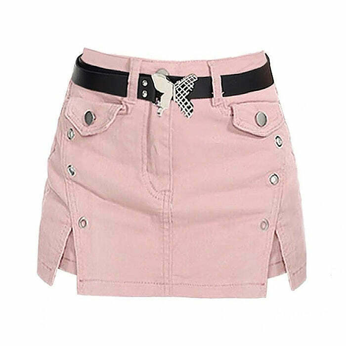 Y2K Pink Denim Skort with Butterfly Belt - 90s Grunge, Retro Summer, Y2K Party Outfit