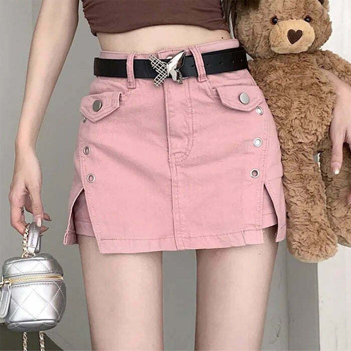 Y2K Pink Denim Skort with Butterfly Belt - 90s Grunge, Retro Summer, Y2K Party Outfit