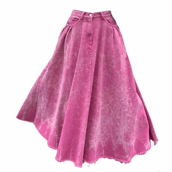 Y2K Pink Distressed Denim Maxi Skirt - 90s Grunge, Retro Summer, and Party Outfits