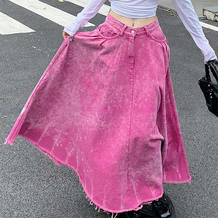 Y2K Pink Distressed Denim Maxi Skirt - 90s Grunge, Retro Summer, and Party Outfits