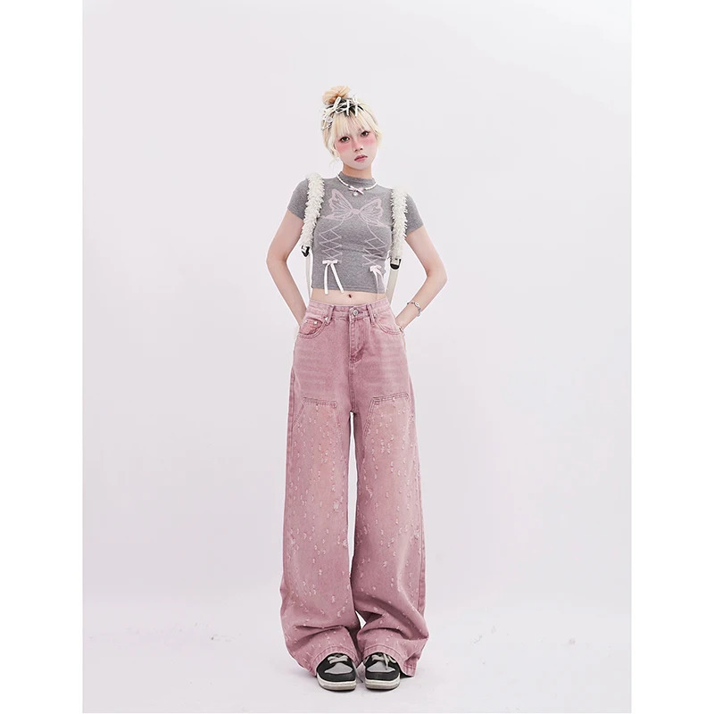 Y2K Pink High Waist Wide Leg Denim Jeans - Vintage Streetwear Chic Design