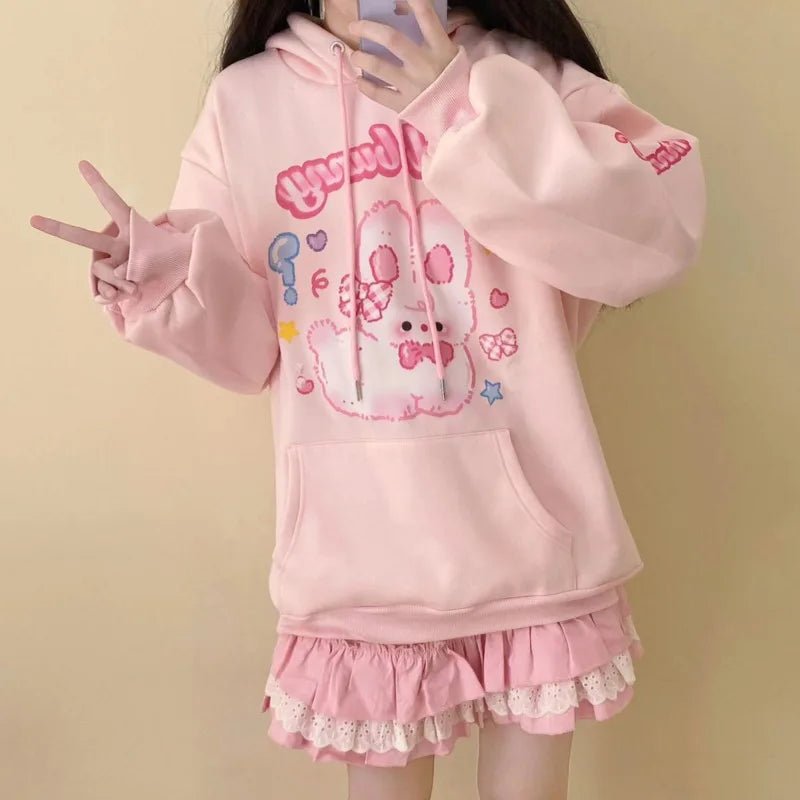 Y2K Pink Hoodie with Rabbit Print - 90s Grunge, Retro, and Pastel Goth Summer Outfit