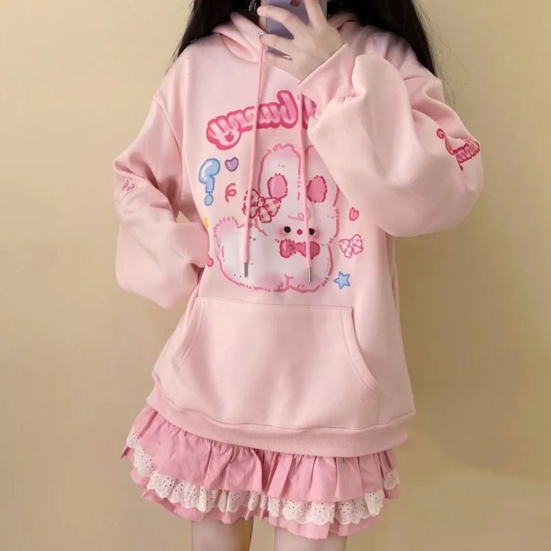 Y2K Pink Hoodie with Rabbit Print - 90s Grunge, Retro, and Pastel Goth Summer Outfit