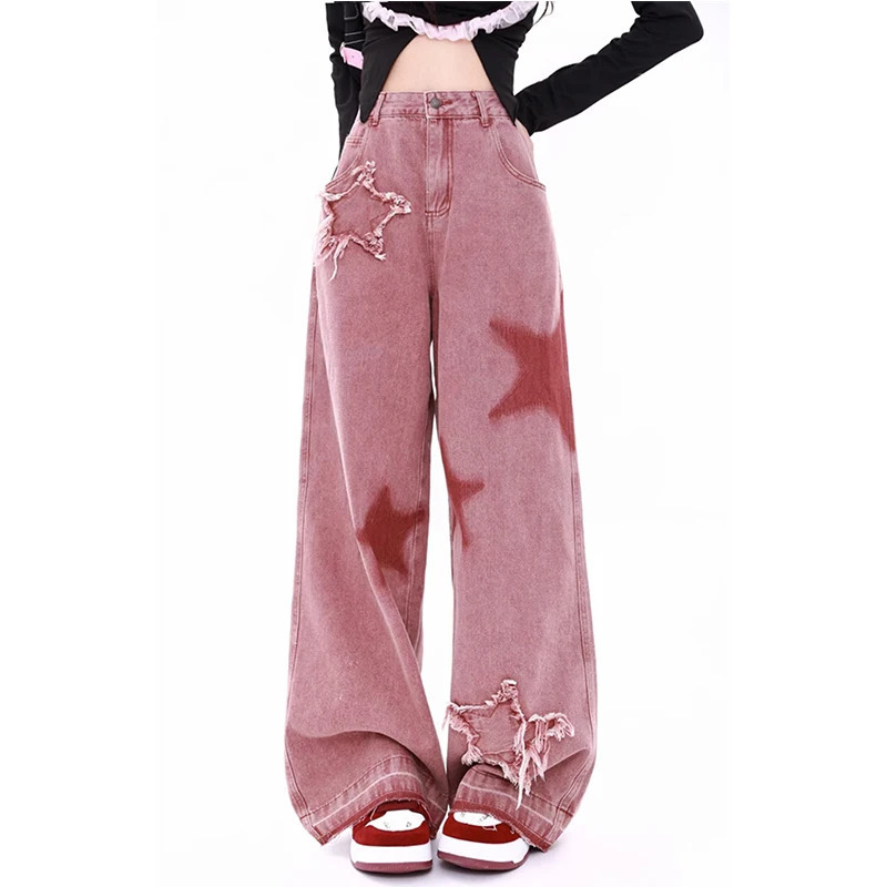 Y2K Pink Jeans with Letters Print - High-Waisted American Street Style Wide Leg Pants