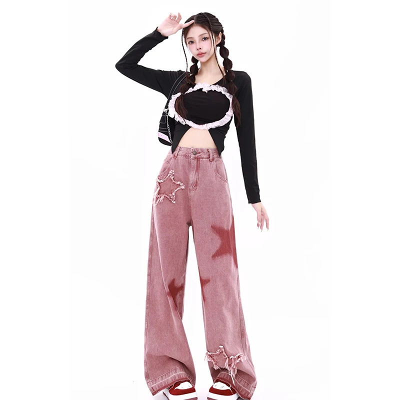 Y2K Pink Jeans with Letters Print - High-Waisted American Street Style Wide Leg Pants