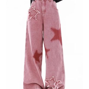 Y2K Pink Jeans with Letters Print - High-Waisted American Street Style Wide Leg Pants