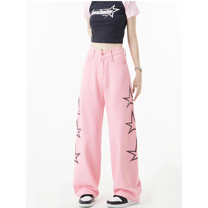 Y2K Pink Jeans Women's High Waist Wide Leg Denim Pants - Streetwear Fashion Statement