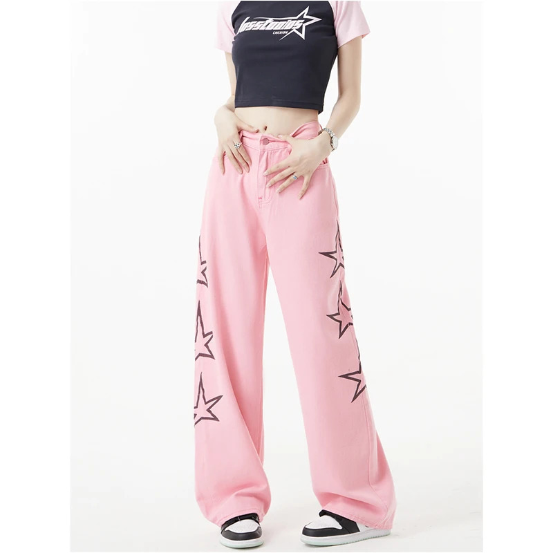 Y2K Pink Jeans Women's High Waist Wide Leg Denim Pants - Streetwear Fashion Statement