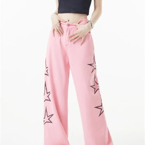 Y2K Pink Jeans Women's High Waist Wide Leg Denim Pants - Streetwear Fashion Statement