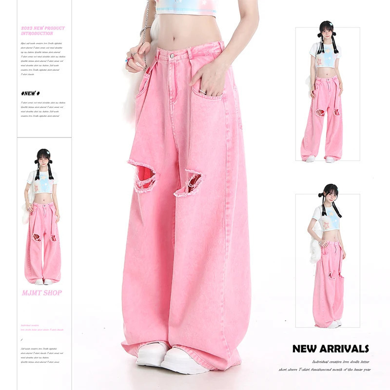 Y2K Pink Loose High Waist Vintage Jeans - Harajuku Streetwear Style