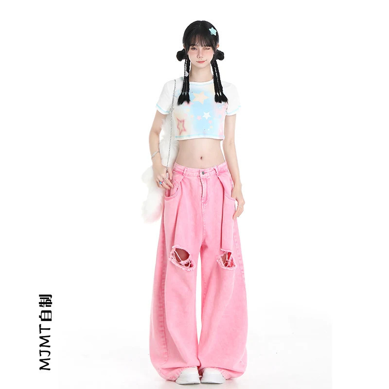 Y2K Pink Loose High Waist Vintage Jeans - Harajuku Streetwear Style