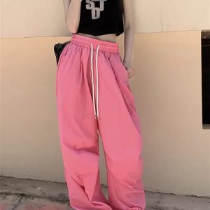 Y2K Pink Parachute Oversized Pants - 90s Grunge Summer Outfit, Retro Y2K Fashion