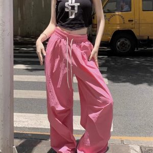 Y2K Pink Parachute Oversized Pants - 90s Grunge Summer Outfit, Retro Y2K Fashion