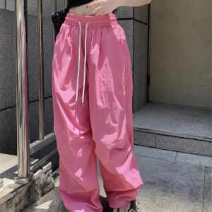 Y2K Pink Parachute Oversized Pants - 90s Grunge Summer Outfit, Retro Y2K Fashion