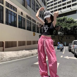 Y2K Pink Parachute Oversized Pants - 90s Grunge Summer Outfit, Retro Y2K Fashion