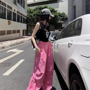 Y2K Pink Parachute Oversized Pants - 90s Grunge Summer Outfit, Retro Y2K Fashion