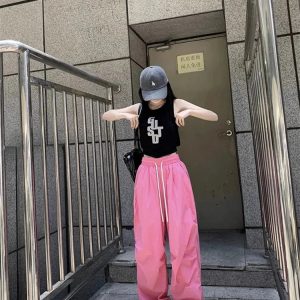 Y2K Pink Parachute Oversized Pants - 90s Grunge Summer Outfit, Retro Y2K Fashion