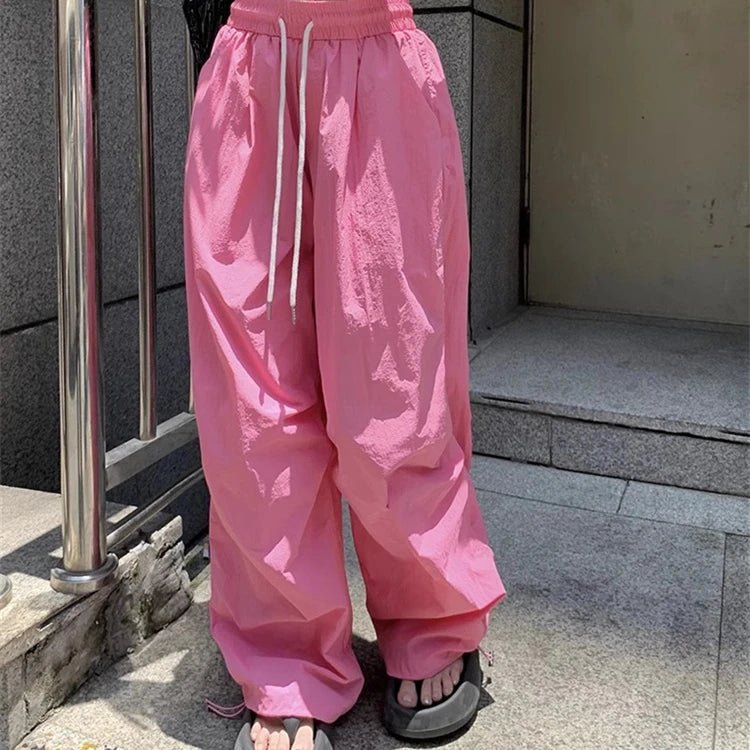 Y2K Pink Parachute Oversized Pants - 90s Grunge Summer Outfit, Retro Y2K Fashion