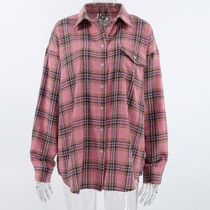 Y2K Pink Plaid Loose Shirt - 90s Grunge, Retro Summer Outfit, Y2K Fashion Top