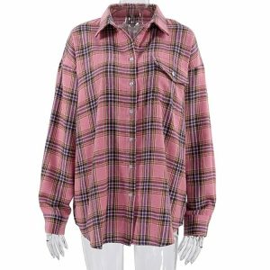 Y2K Pink Plaid Loose Shirt - 90s Grunge, Retro Summer Outfit, Y2K Fashion Top