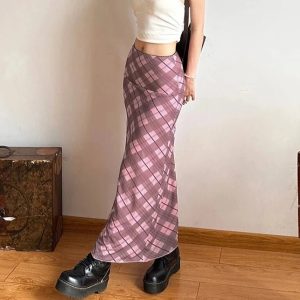 Y2K Pink Rhomboid Plaid Midi Skirt - 90s Grunge, Retro Summer, Pastel Goth