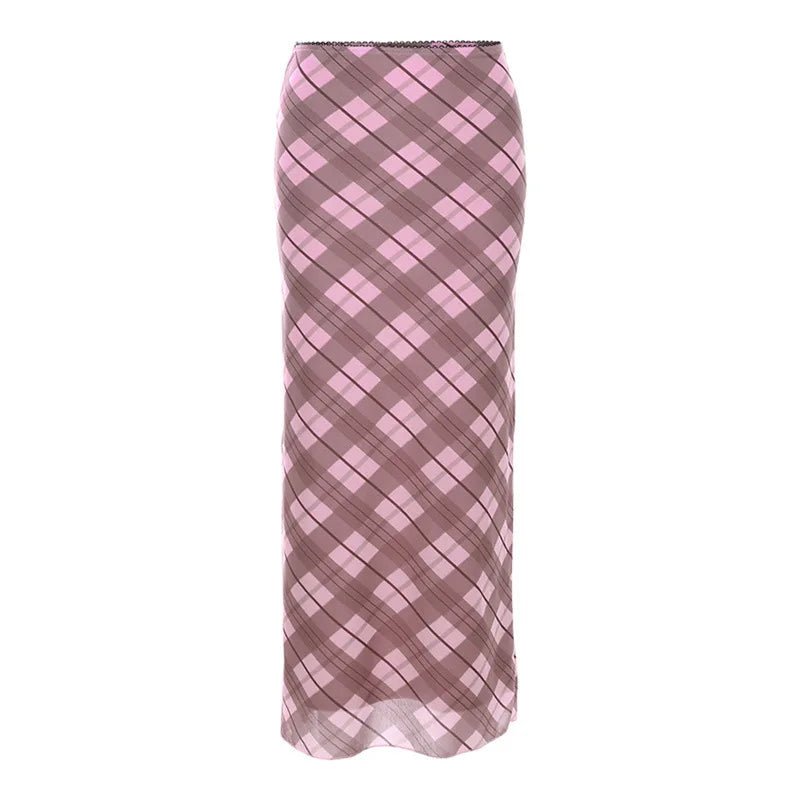 Y2K Pink Rhomboid Plaid Midi Skirt - 90s Grunge, Retro Summer, Pastel Goth