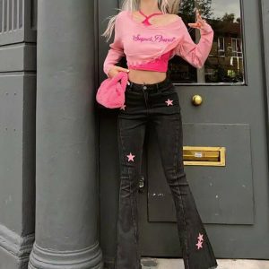 Y2K Pink Star High Waist Jeans - 90s Grunge, Retro, Summer, and Party Outfits