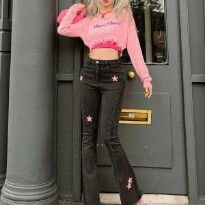 Y2K Pink Star High Waist Jeans - 90s Grunge, Retro, Summer, and Party Outfits