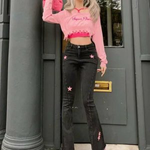 Y2K Pink Star High Waist Jeans - 90s Grunge, Retro, Summer, and Party Outfits