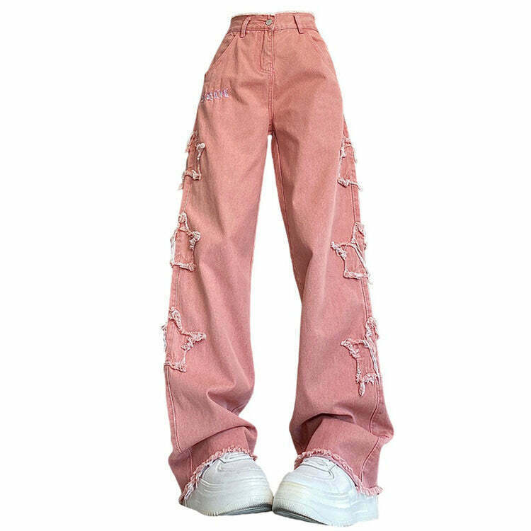 Y2K Pink Star Jeans - Retro 90s Grunge, Summer Y2K Outfits, Popstar & Club