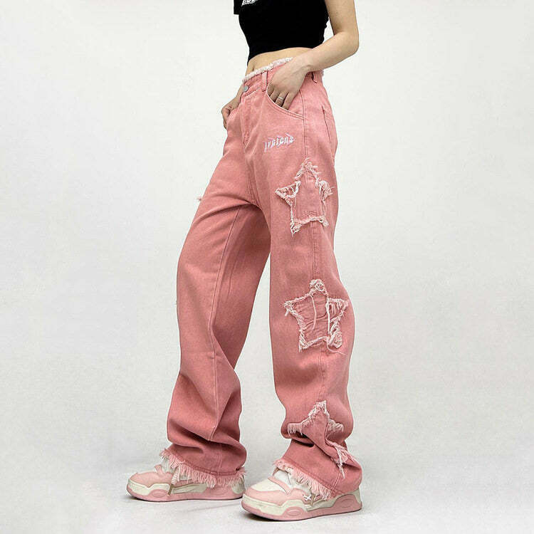 Y2K Pink Star Jeans - Retro 90s Grunge, Summer Y2K Outfits, Popstar & Club