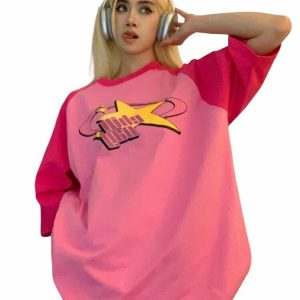 Y2K Pink Star Oversized Summer T-Shirt - 90s Grunge, Retro, Pastel Goth, Y2