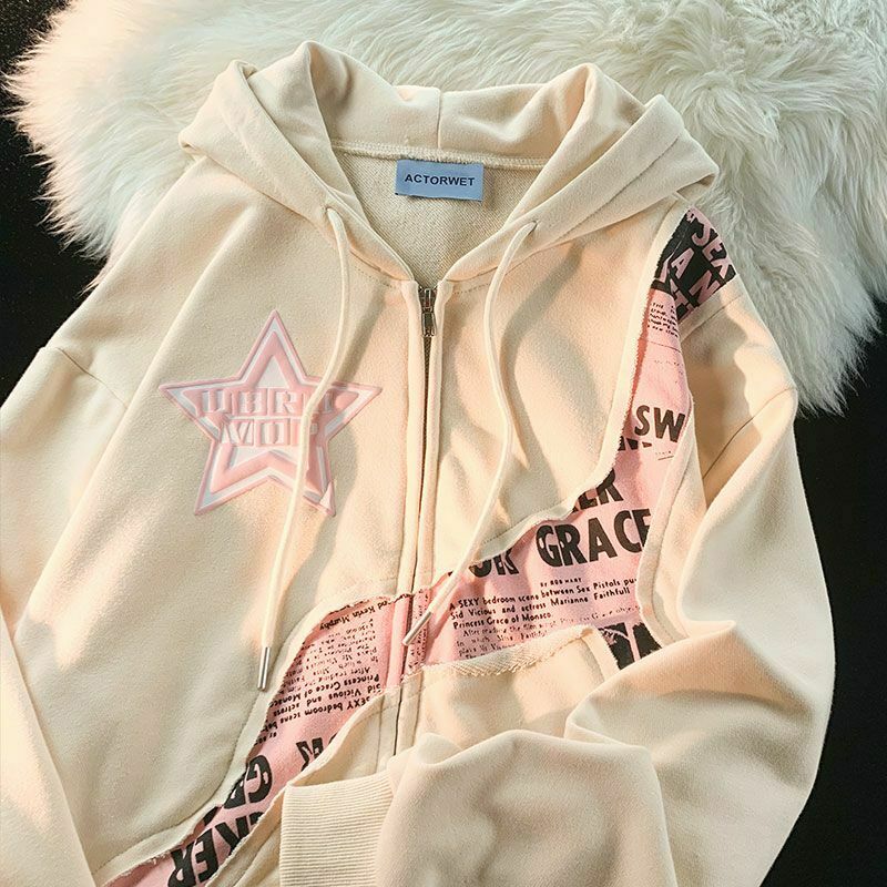 Y2K Pink Star Zip Up Hoodie - Retro 90s Grunge, Summer Outfits, Y2K Fashion Essentials