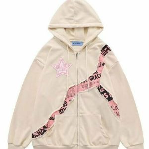 Y2K Pink Star Zip Up Hoodie - Retro 90s Grunge, Summer Outfits, Y2K Fashion Essentials