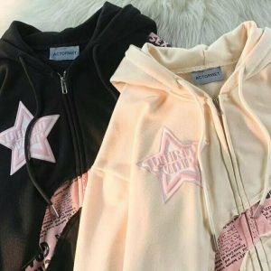 Y2K Pink Star Zip Up Hoodie - Retro 90s Grunge, Summer Outfits, Y2K Fashion Essentials