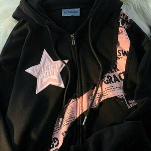 Y2K Pink Star Zip Up Hoodie - Retro 90s Grunge, Summer Outfits, Y2K Fashion Essentials