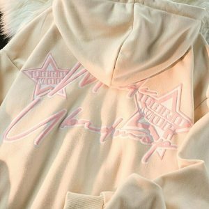 Y2K Pink Star Zip Up Hoodie - Retro 90s Grunge, Summer Outfits, Y2K Fashion Essentials