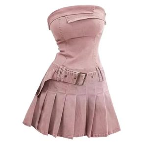 Y2K Pink Strapless Denim Dress - 90s Grunge, Retro Summer Outfit, Y2K Party Fashion