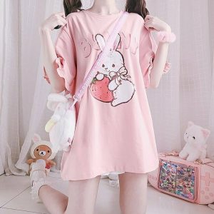 Y2K Pink Strawberry Bunny T-Shirt - 90s Grunge, Retro Summer, Pastel Goth, Y2K