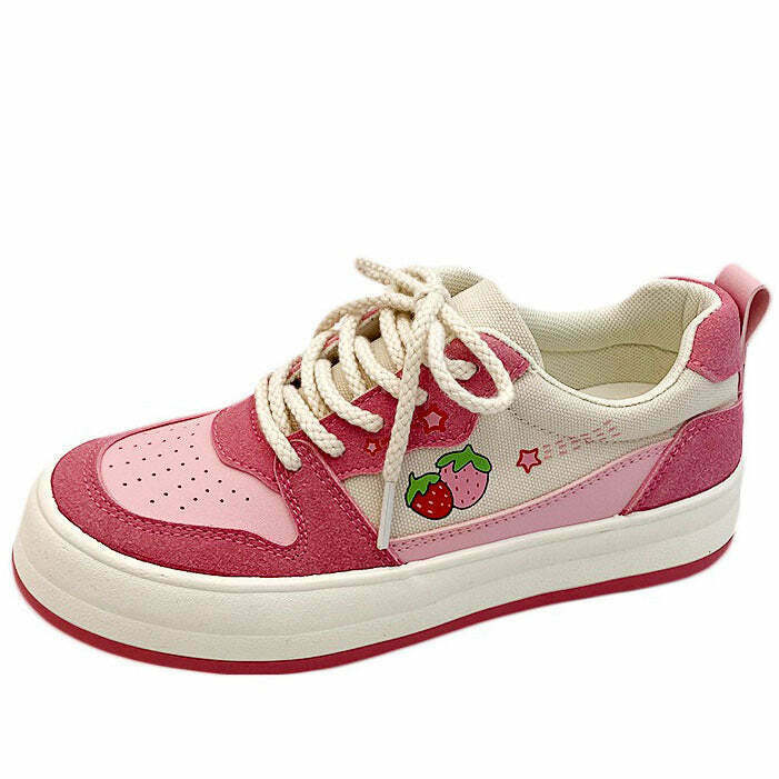 Y2K Pink Strawberry Sneakers - Retro 90s Grunge, Summer Y2K Outfits, Pastel Goth Style