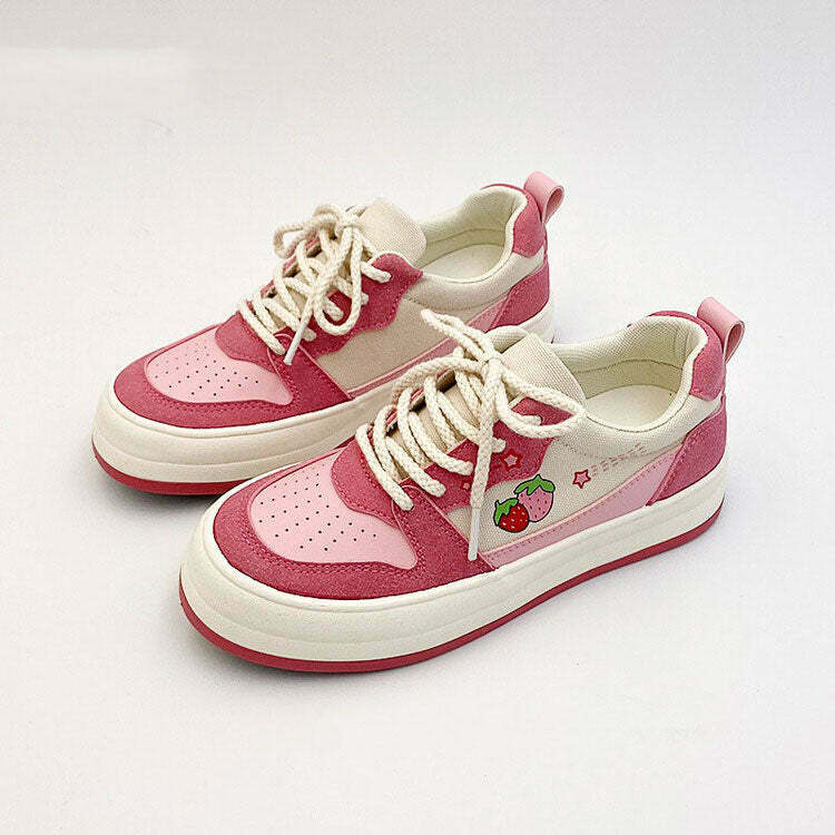 Y2K Pink Strawberry Sneakers - Retro 90s Grunge, Summer Y2K Outfits, Pastel Goth Style