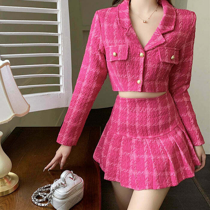 Y2K Pink Tweed Jacket & Skirt Co-Ord - Retro 90s Grunge Summer Outfit, Y2