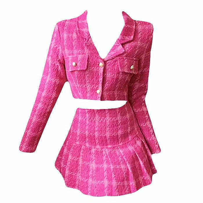 Y2K Pink Tweed Jacket & Skirt Co-Ord - Retro 90s Grunge Summer Outfit, Y2