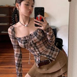 Y2K Plaid Cropped Blouse - Retro 90s Grunge Summer Top for Y2K Outfits and