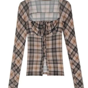 Y2K Plaid Cropped Blouse - Retro 90s Grunge Summer Top for Y2K Outfits and