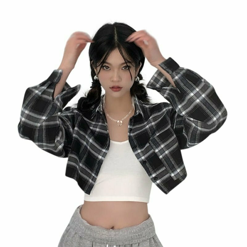 Y2K Plaid Cropped Shirt - 90s Grunge, Retro Summer Outfit, Y2K Party & Club