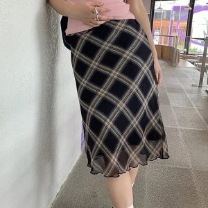 Y2K Plaid High Waist Midi Skirt - 90s Grunge, Retro Summer Outfit, Pastel Goth Fashion