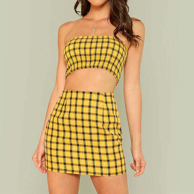 Y2K Plaid Top & Skirt Set - 90s Grunge, Retro Summer Outfits, Y2K