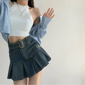 Y2K Pleated Denim Mini Skirt - 90s Grunge, Retro Summer Outfit, Y2K Fashion Essentials