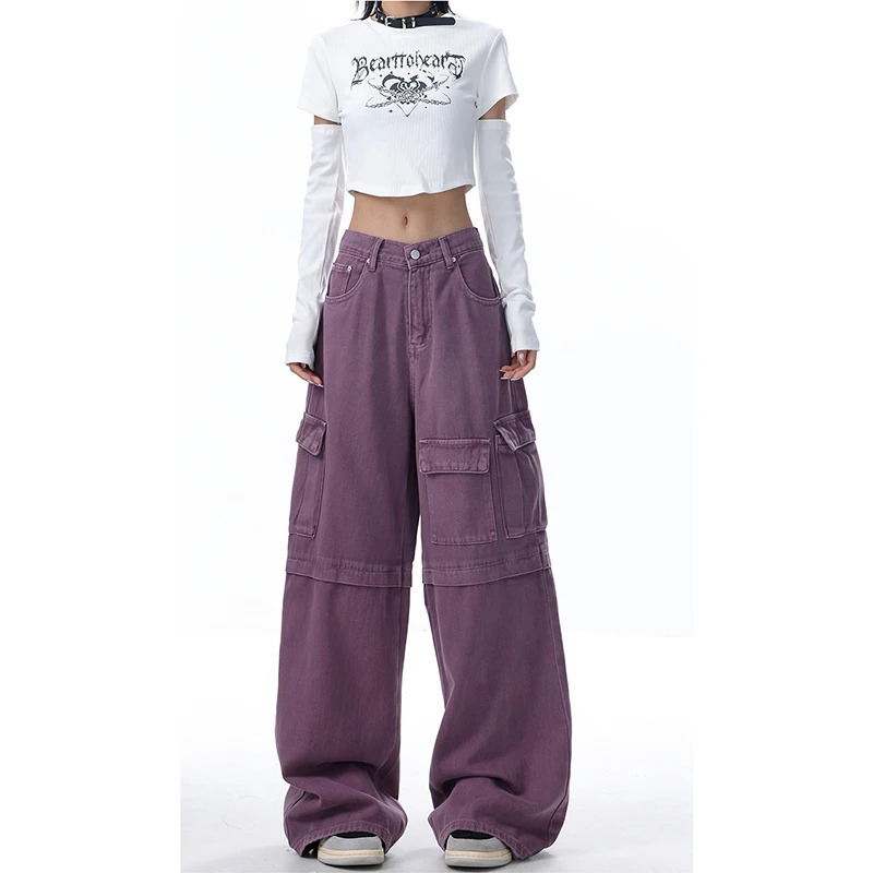 Y2K Purple Cargo Jeans - Vintage High Waist Baggy Street Straight Wide Leg Pants